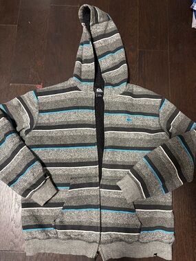 Quiksilver Gray Striped Zip Hoodie with Teal Accents